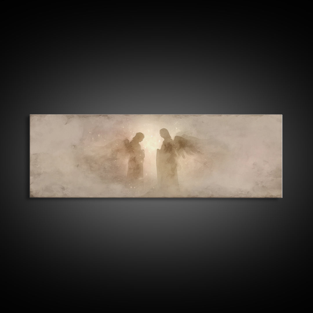 Angels In Stillness, Framed Canvas Print, Christian Wall Art, Christian Art, Panoramic Wall Art, Christian Christmas, Jesus Painting, Chris