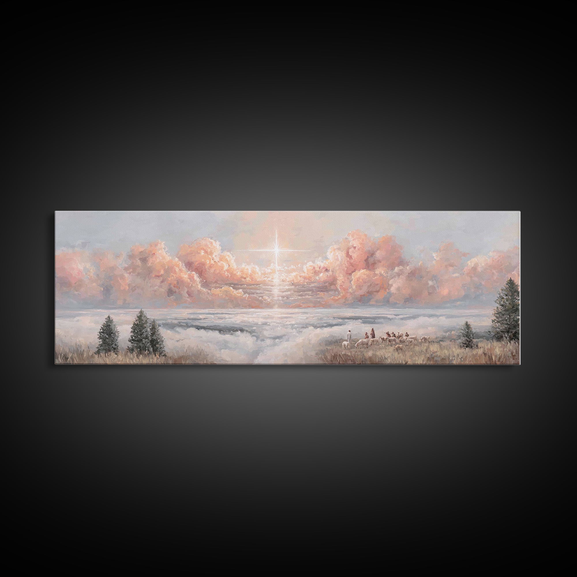 Shepherds Of Light - Framed Canvas Print - Christian Art Canvas - Panoramic Wall Art - Christmas Art - Jesus Painting - Christian Wall Art