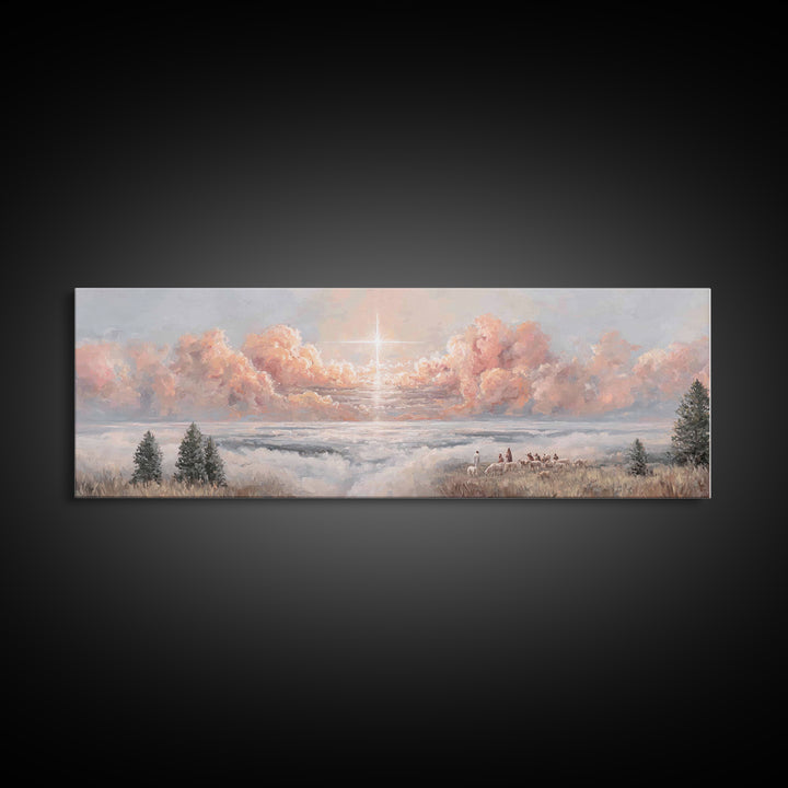 Shepherds Of Light - Framed Canvas Print - Christian Art Canvas - Panoramic Wall Art - Christmas Art - Jesus Painting - Christian Wall Art