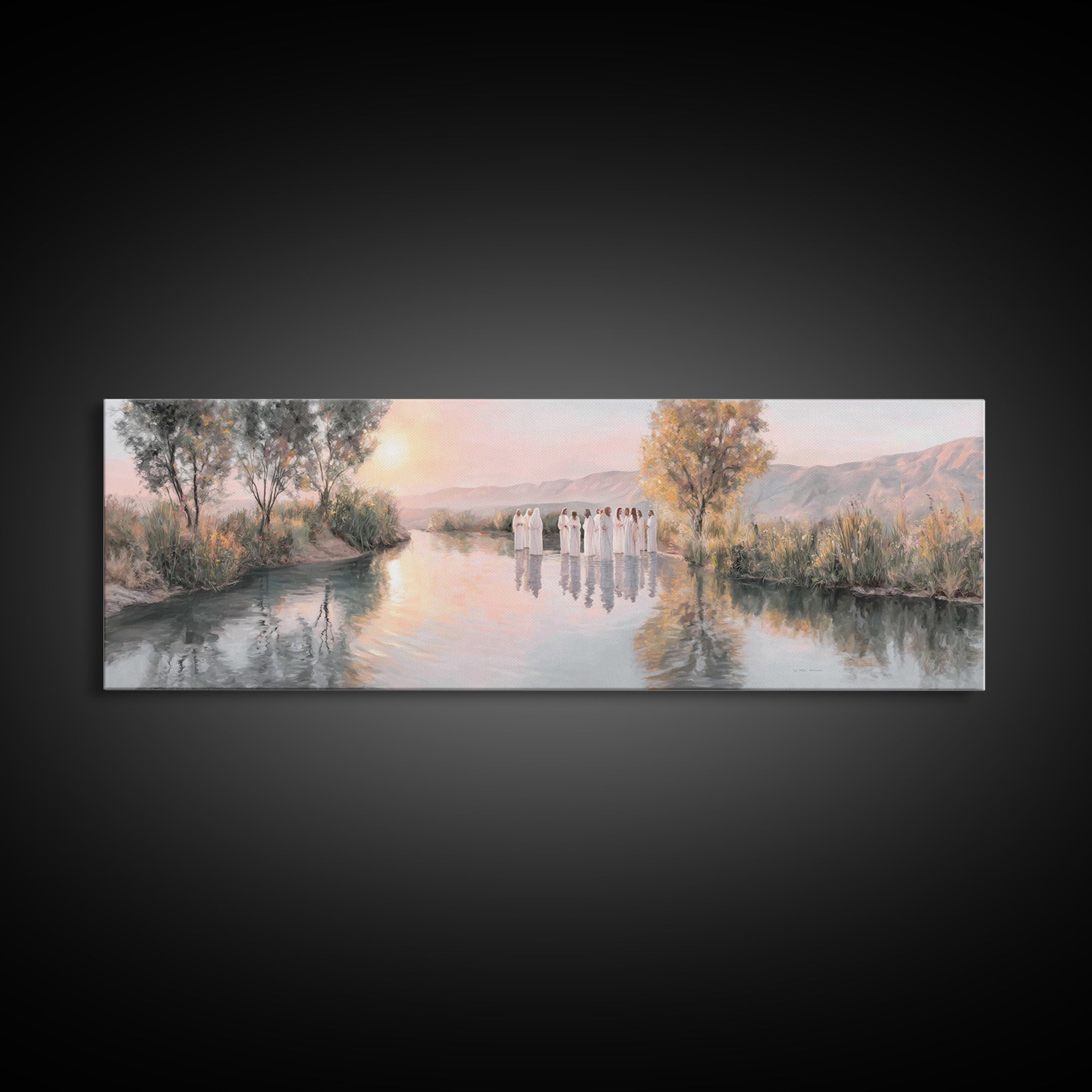 River Dawn Communion, Framed Canvas Print, Christian Wall Art, Christian Art Canvas, Jesus Painting, Panoramic Art