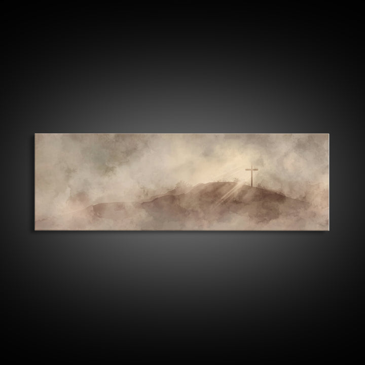 Hilltop Cross Light – Framed Canvas Print – Christian Wall Art – Christian Art Canvas – Panoramic Wall Art – Christian Decor