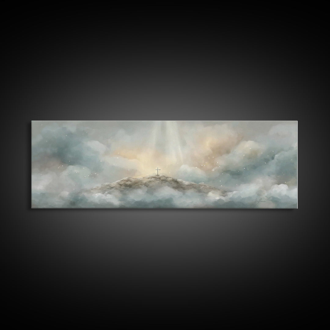 Heavenly Summit Glow | Framed Canvas Print | Christian Wall Art | Christian Art Canvas | Panoramic Painting | Christian Gift Ideas