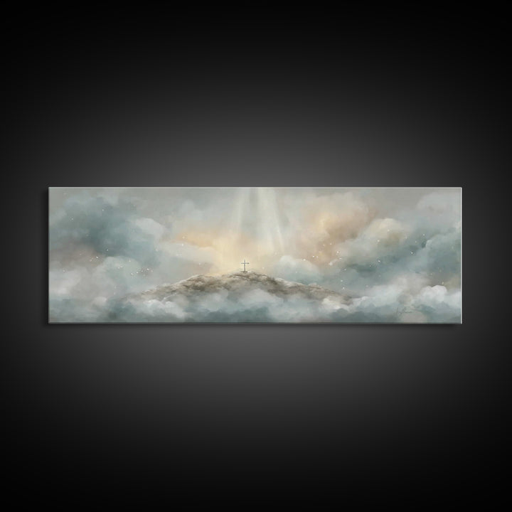Heavenly Summit Glow | Framed Canvas Print | Christian Wall Art | Christian Art Canvas | Panoramic Painting | Christian Gift Ideas