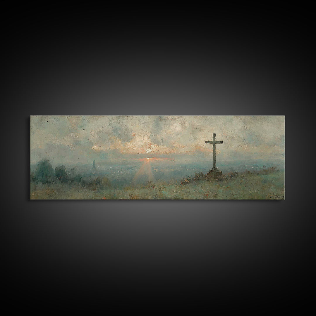 Sunset Cross Vista, Framed Canvas Print, Christian Wall Art, Christian Art Canvas, Panoramic Frame, Christian Decor