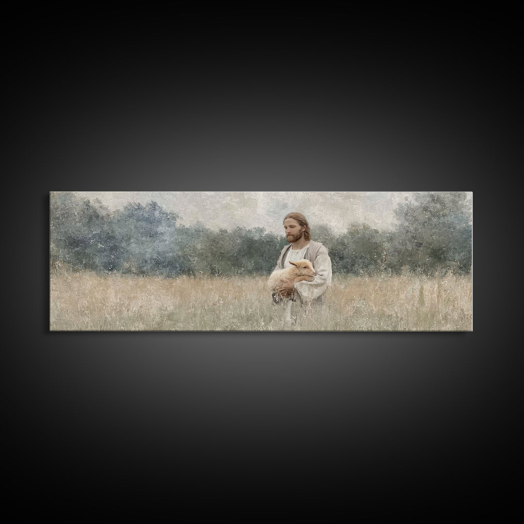 Gentle Shepherd Field, Framed Canvas Print, Christian Wall Art, Christian Art Canvas, Panoramic Art, Christian Decor