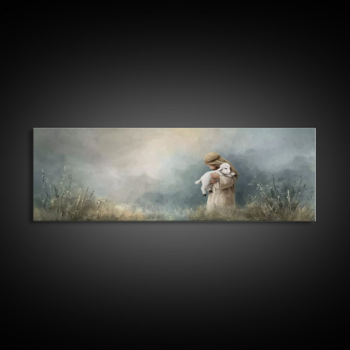 Tender Shepherd Embrace – Framed Canvas Print – Christian Wall Art – Christian Art Canvas – Jesus Painting – Panoramic Art – Christmas Art
