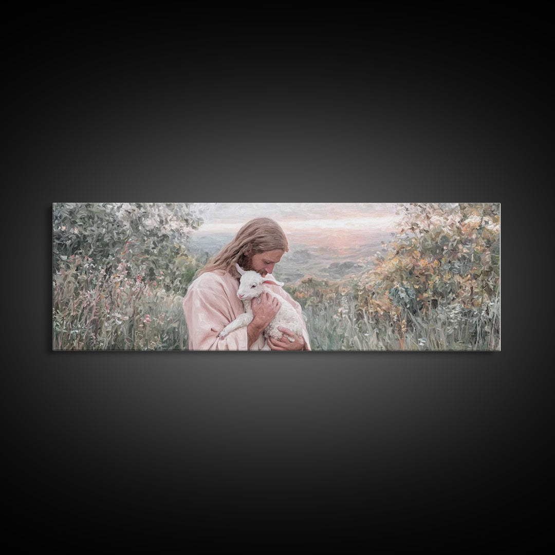 Gentle Pasture Peace, Framed Canvas Print, Christian Christmas Art, Christian Art Canvas, Jesus Painting, Panoramic Wall Art, Christian Dec
