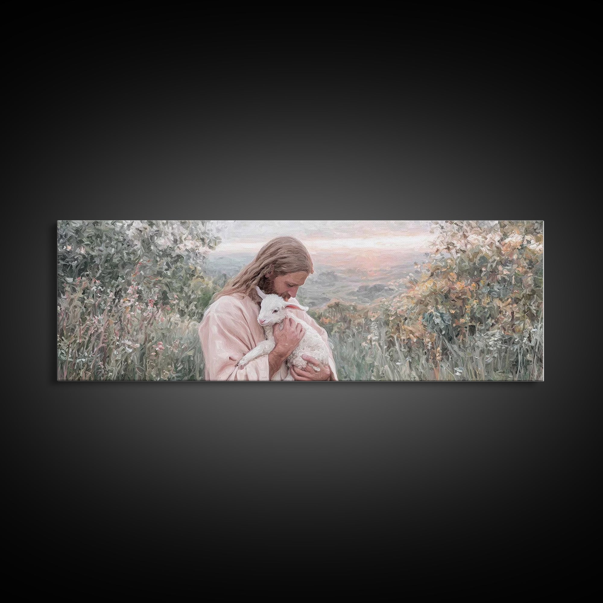 Gentle Pasture Peace, Framed Canvas Print, Christian Christmas Art, Christian Art Canvas, Jesus Painting, Panoramic Wall Art, Christian Dec