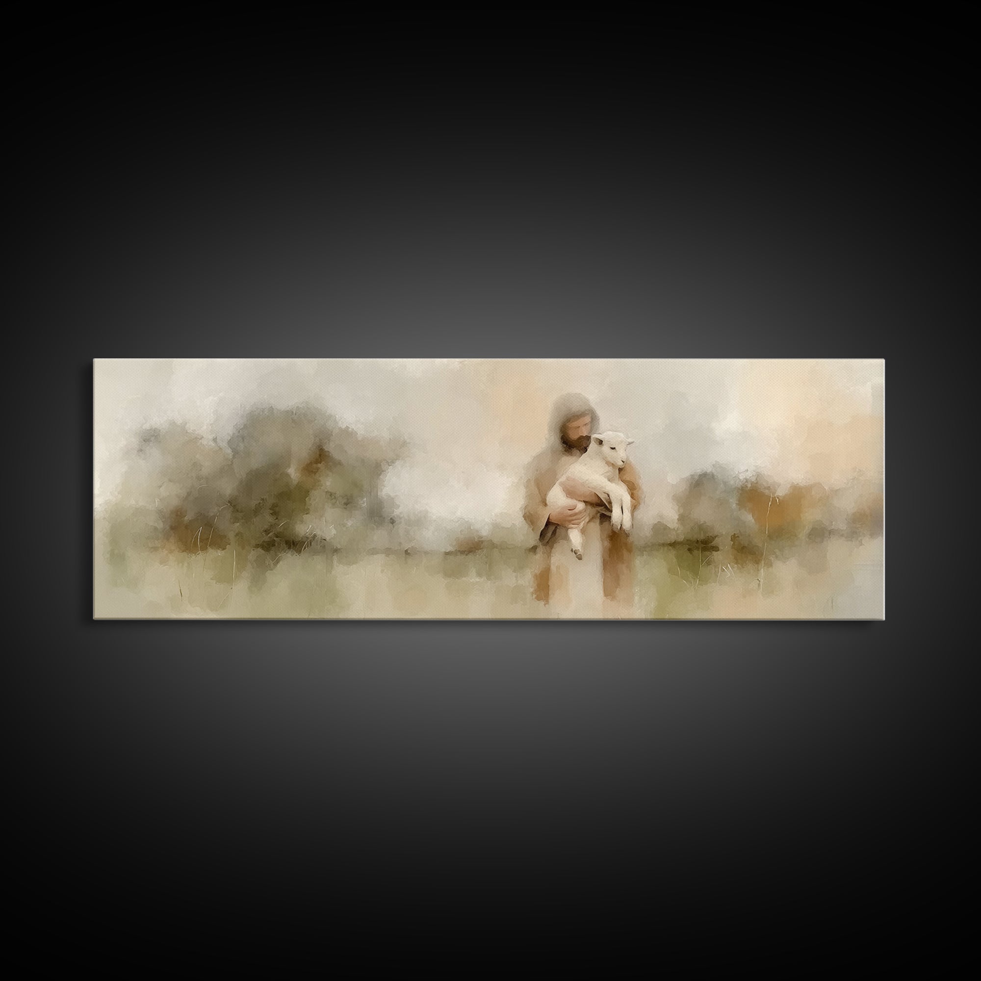 Warm Meadow Mercy | Framed Canvas Print | Christian Wall Art | Jesus Painting | Christian Art Canvas | Panoramic Painting | Christmas Art