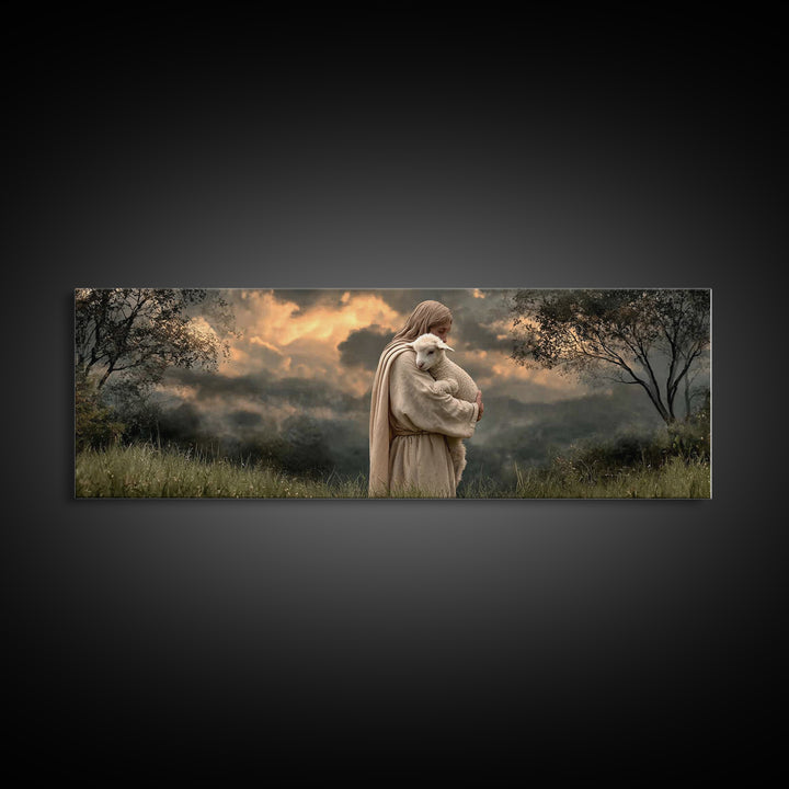 Sacred Dawn Light, Framed Canvas Print, Christian Art Canvas, Christian Christmas Art, Panoramic Wall Art, Jesus Painting, Christian Decor