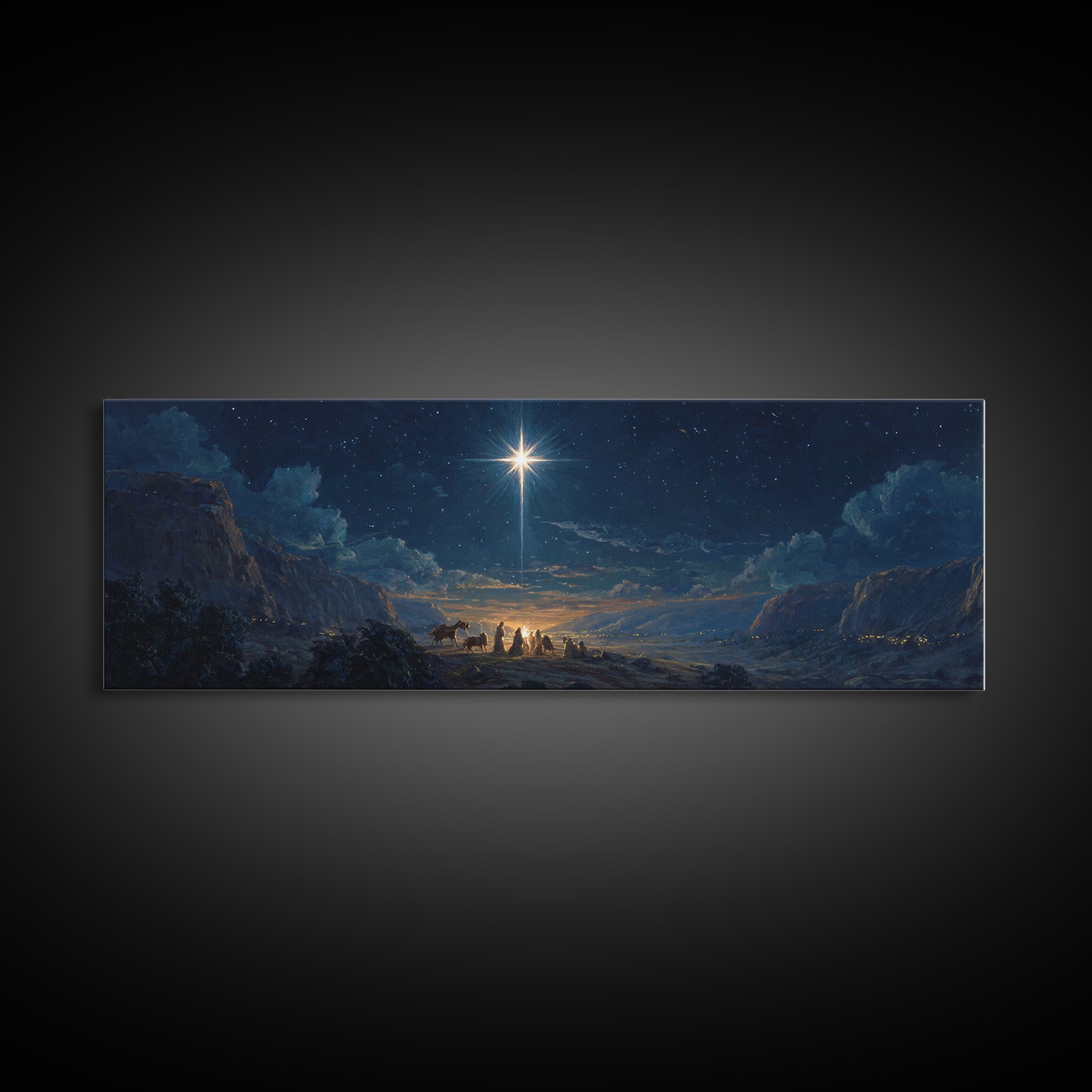 Silent Star Gathering, Framed Canvas Print, Christian Wall Art, Christian Art Canvas, Panoramic Art, Christmas Art, Christian Decor