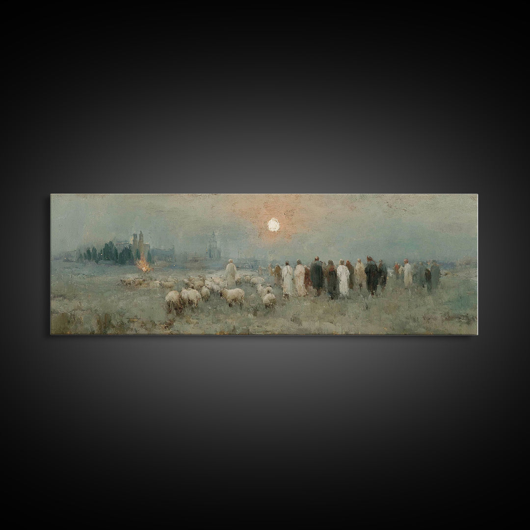Shepherds In Stillness – Framed Canvas Print – Christian Art Canvas – Panoramic Frame – Christian Christmas Art – Jesus Painting – Christia