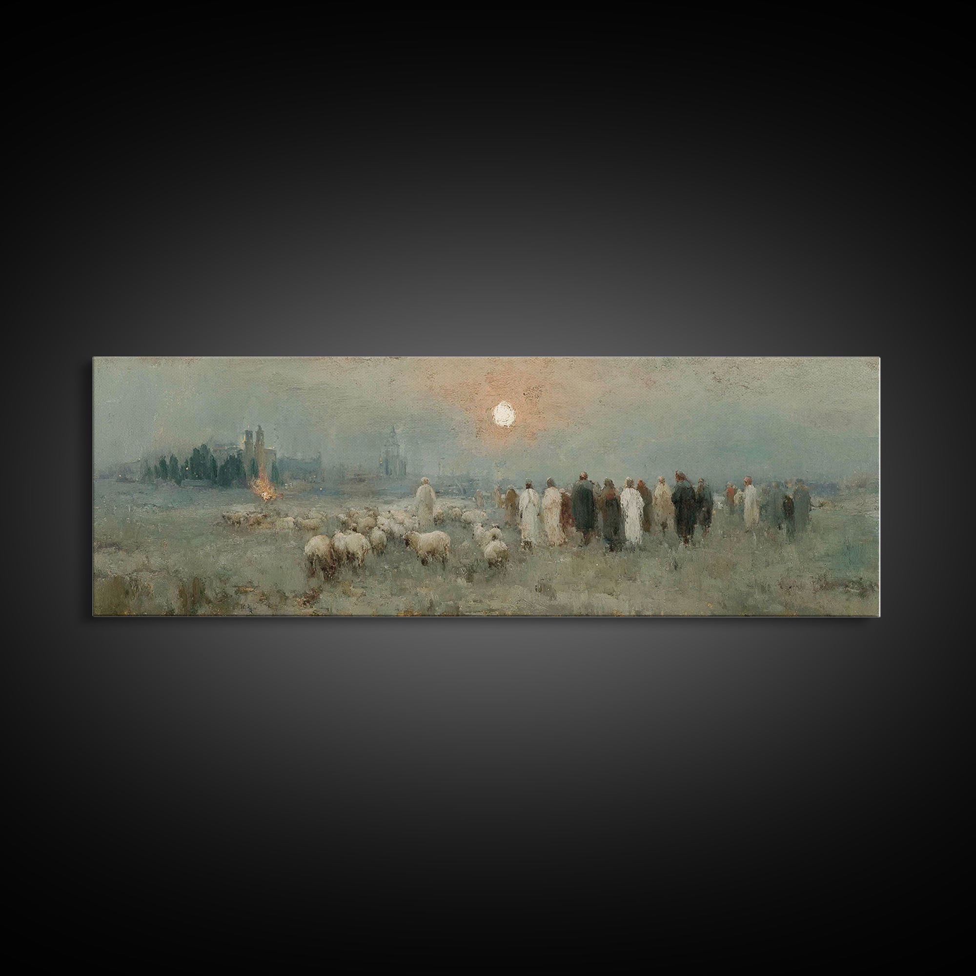 Shepherds In Stillness – Framed Canvas Print – Christian Art Canvas – Panoramic Frame – Christian Christmas Art – Jesus Painting – Christia