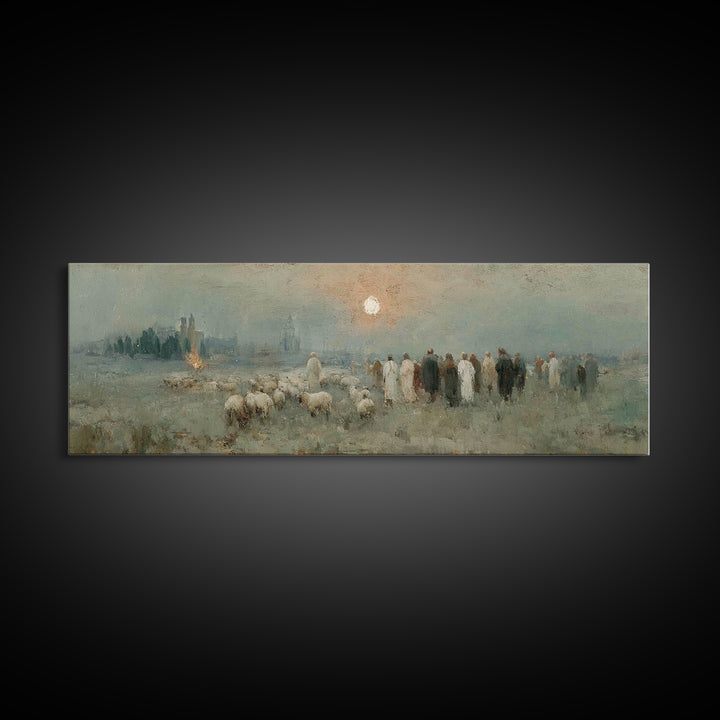 Shepherds In Stillness – Framed Canvas Print – Christian Art Canvas – Panoramic Frame – Christian Christmas Art – Jesus Painting – Christia