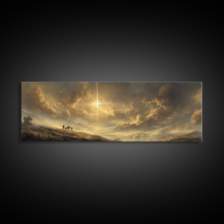 Golden Promise Sky | Framed Canvas Print | Christian Wall Art | Panoramic Wall Art | Jesus Painting | Christian Art Canvas | Christmas Art