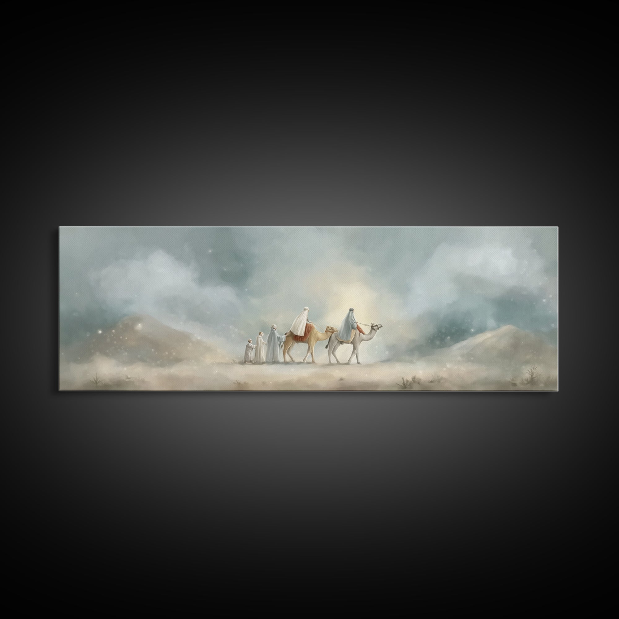 Desert Pilgrimage Light, Framed Canvas Print, Christian Wall Art, Christian Art Canvas, Panoramic Art, Christmas Art, Christian Christmas A