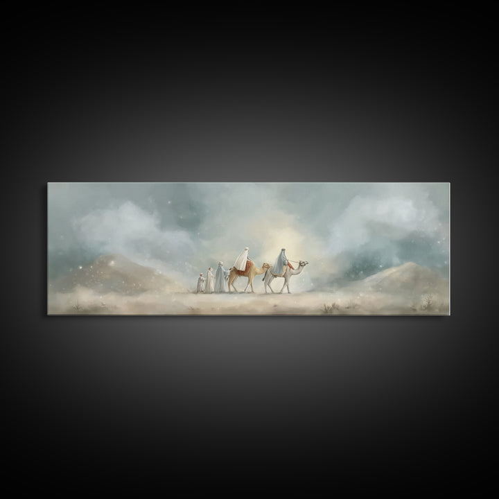 Desert Pilgrimage Light, Framed Canvas Print, Christian Wall Art, Christian Art Canvas, Panoramic Art, Christmas Art, Christian Christmas A