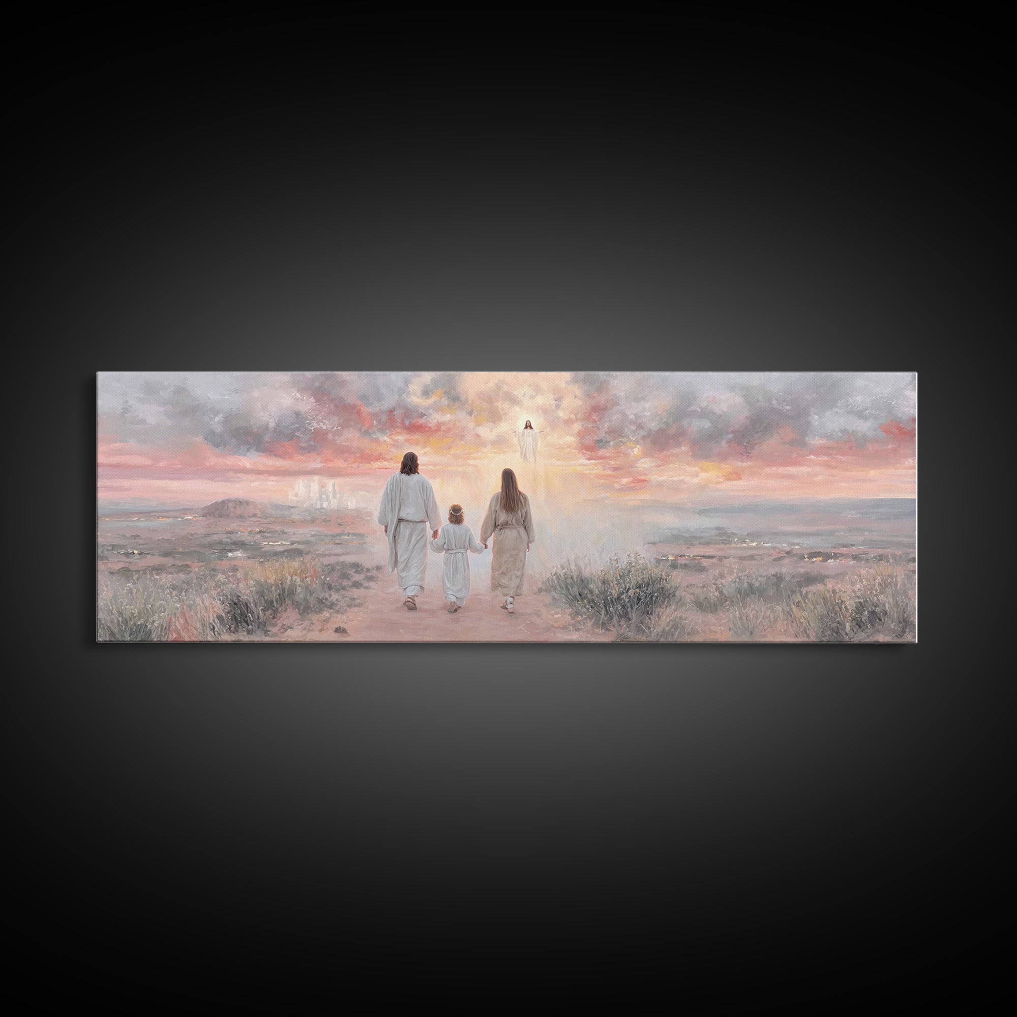 Heavenward Reunion Glow | Framed Canvas Print | Christian Art | Panoramic Wall Art | Christian Canvas | Christian Painting | Christmas Art