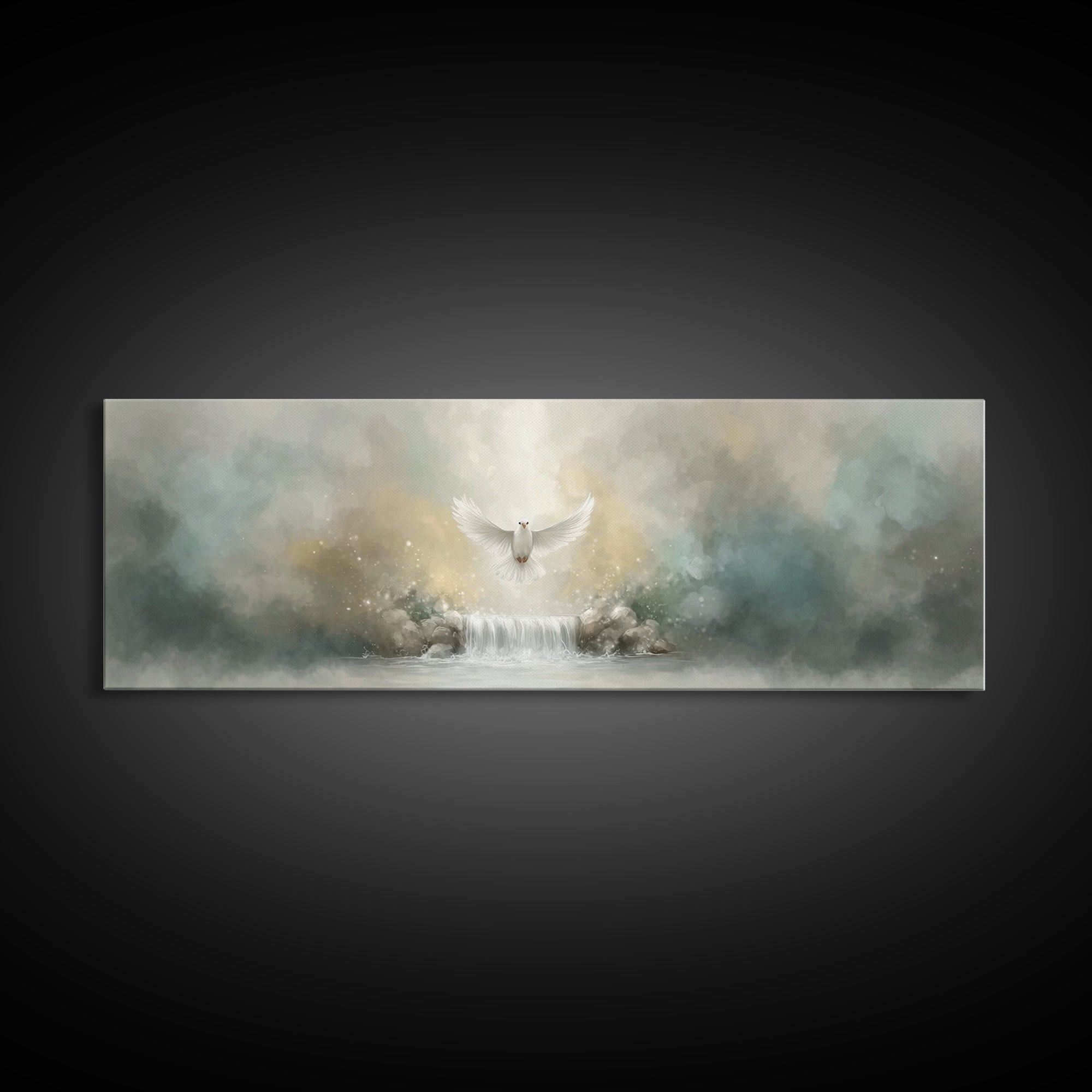Waterfall Glory Light, Framed Canvas Print, Christian Wall Art, Panoramic Art, Christian Art Canvas, Christian Christmas Art, Christian Dec