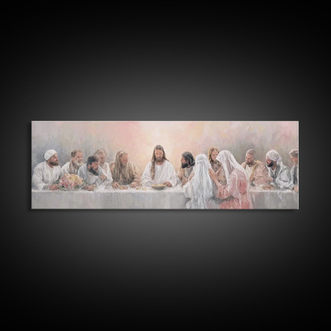 Sacred Supper Light – Framed Canvas Print – Christian Wall Art – Jesus Painting – Panoramic Art – Christian Art Canvas