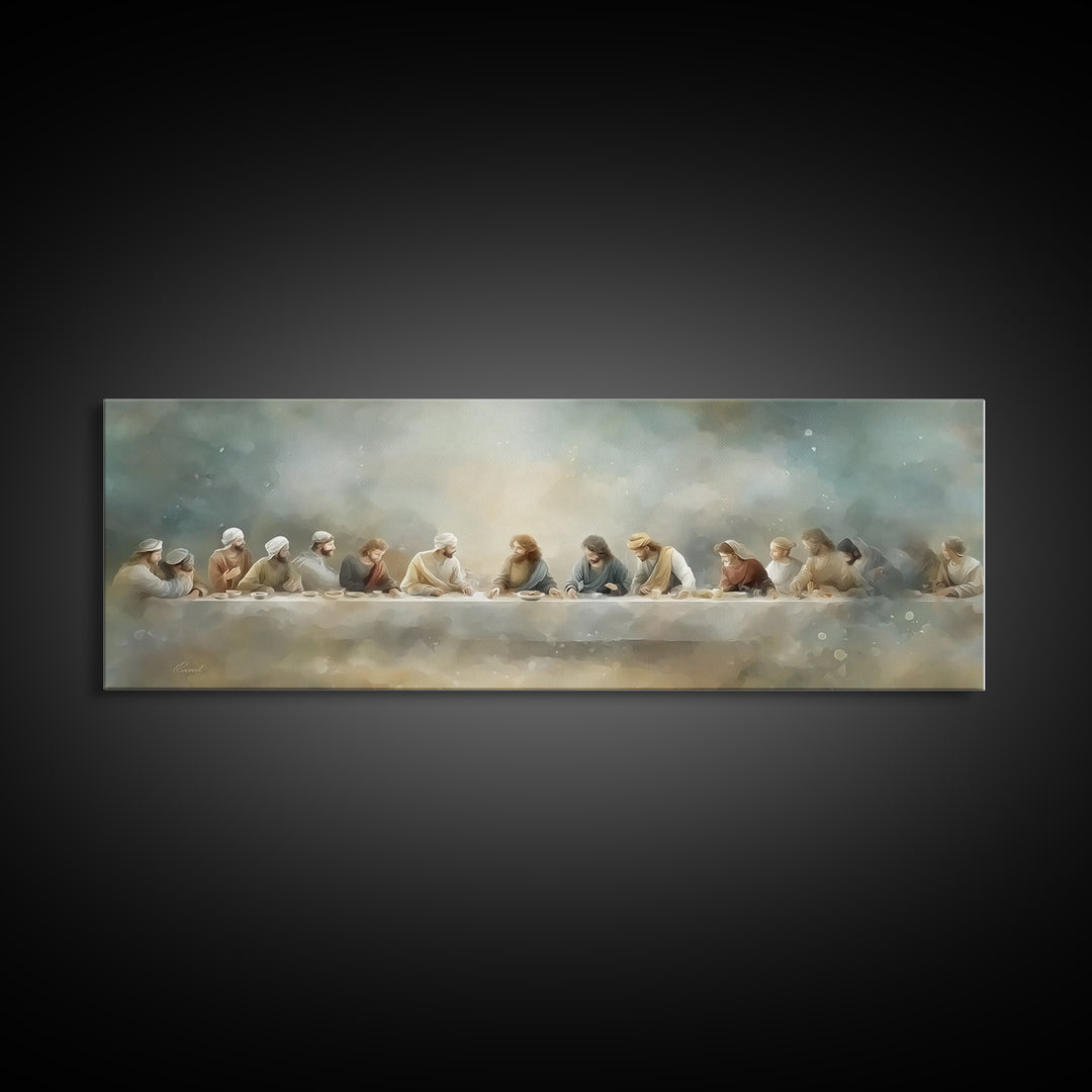 Last Table Serenity, Framed Canvas Print, Christian Art Print, Jesus Canvas Art, Panoramic Painting, Modern Christian Art