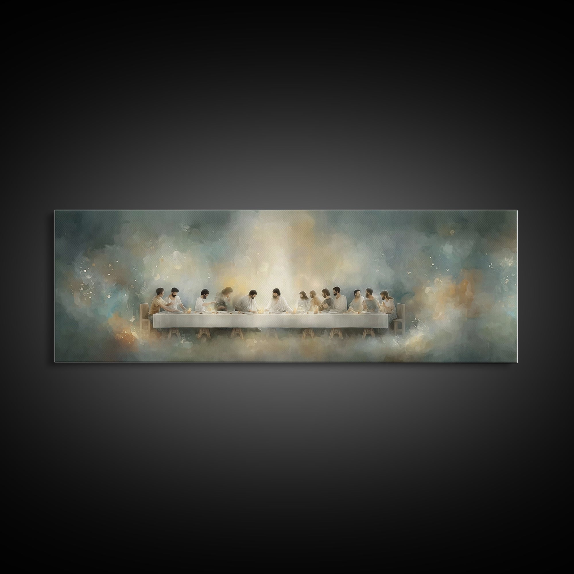 Quiet Supper Gathering | Framed Canvas Print | Christian Art Canvas | Large Jesus Painting | Panoramic Print | Christian Decor
