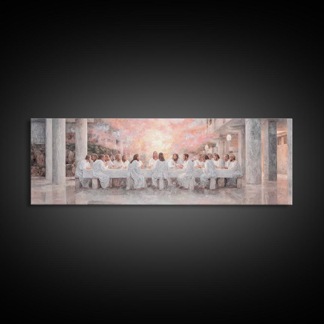 Sacred Supper Reflection, Framed Canvas Print, Christian Wall Art, Jesus Painting, Panoramic Painting, Christian Art Canvas