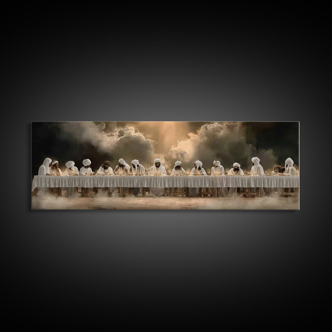 Blessed Gathering | Framed Canvas Print | Christian Wall Art | Panoramic Wall Art | Jesus Painting | Christmas Art | Christian Canvas