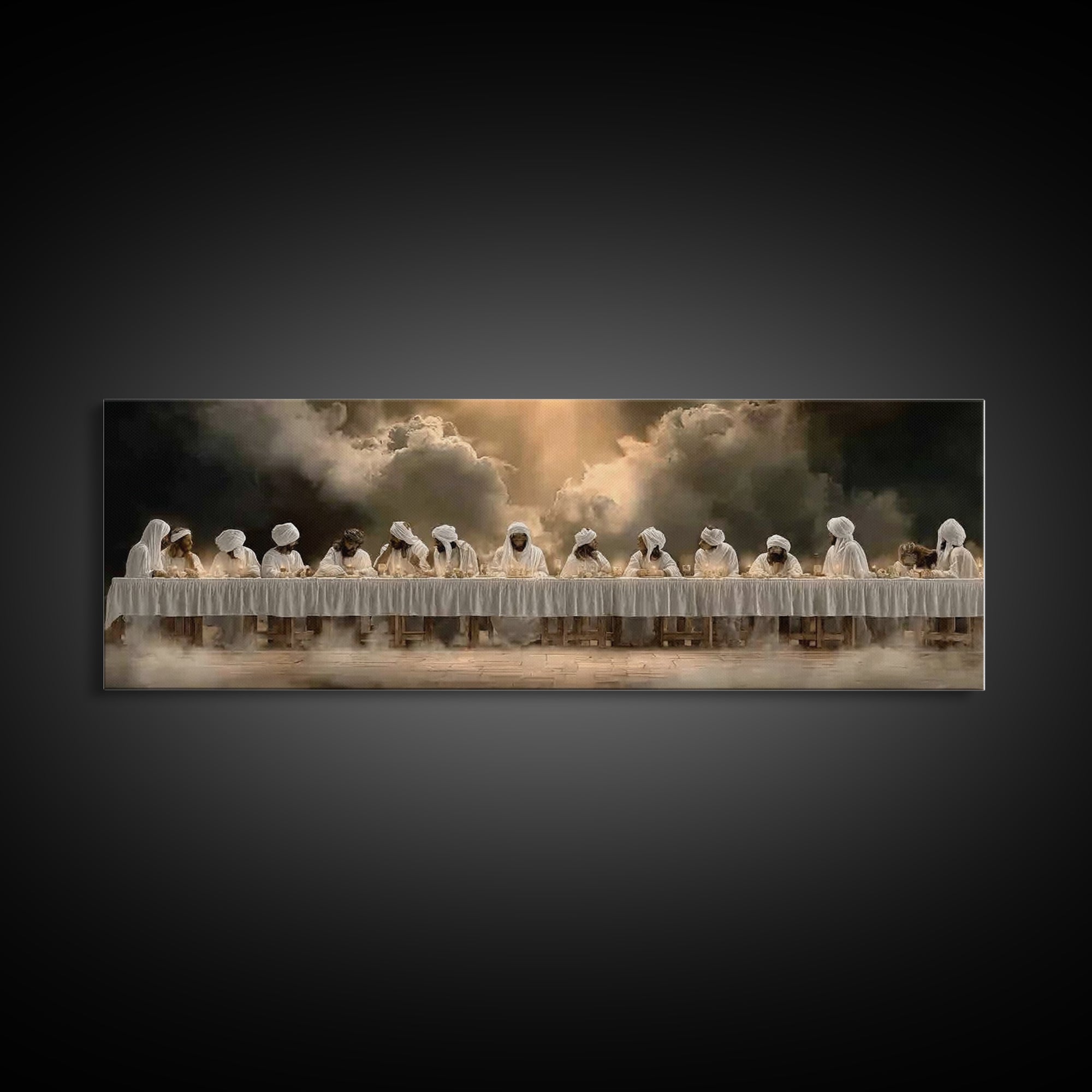 Blessed Gathering | Framed Canvas Print | Christian Wall Art | Panoramic Wall Art | Jesus Painting | Christmas Art | Christian Canvas