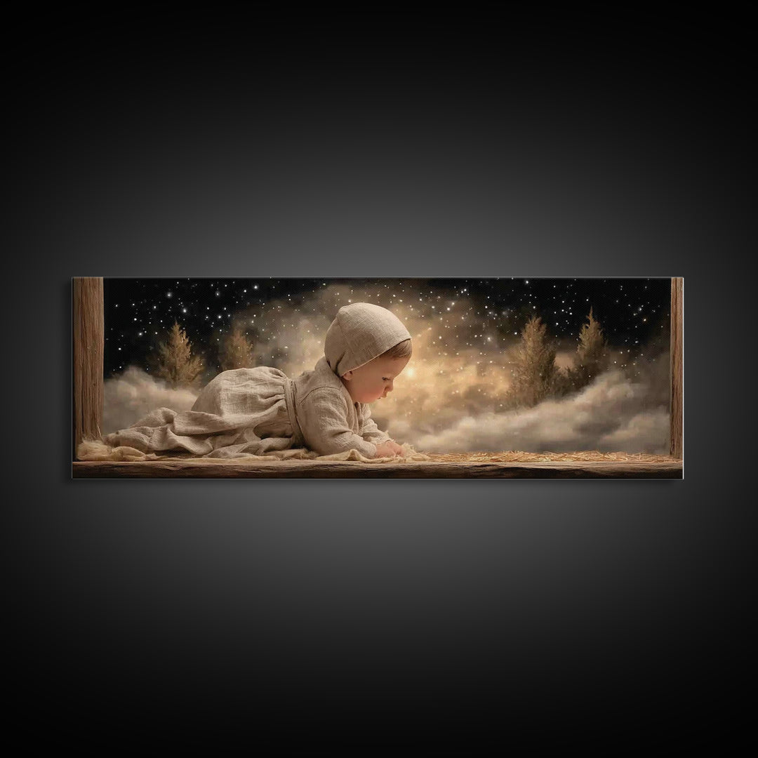 Radiant Nativity – Framed Canvas Print – Christian Christmas Art – Panoramic Frame – Christian Wall Art – Jesus Painting – Christmas Canvas