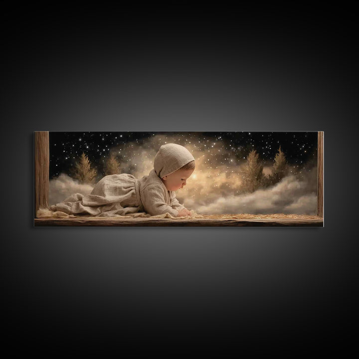 Radiant Nativity – Framed Canvas Print – Christian Christmas Art – Panoramic Frame – Christian Wall Art – Jesus Painting – Christmas Canvas