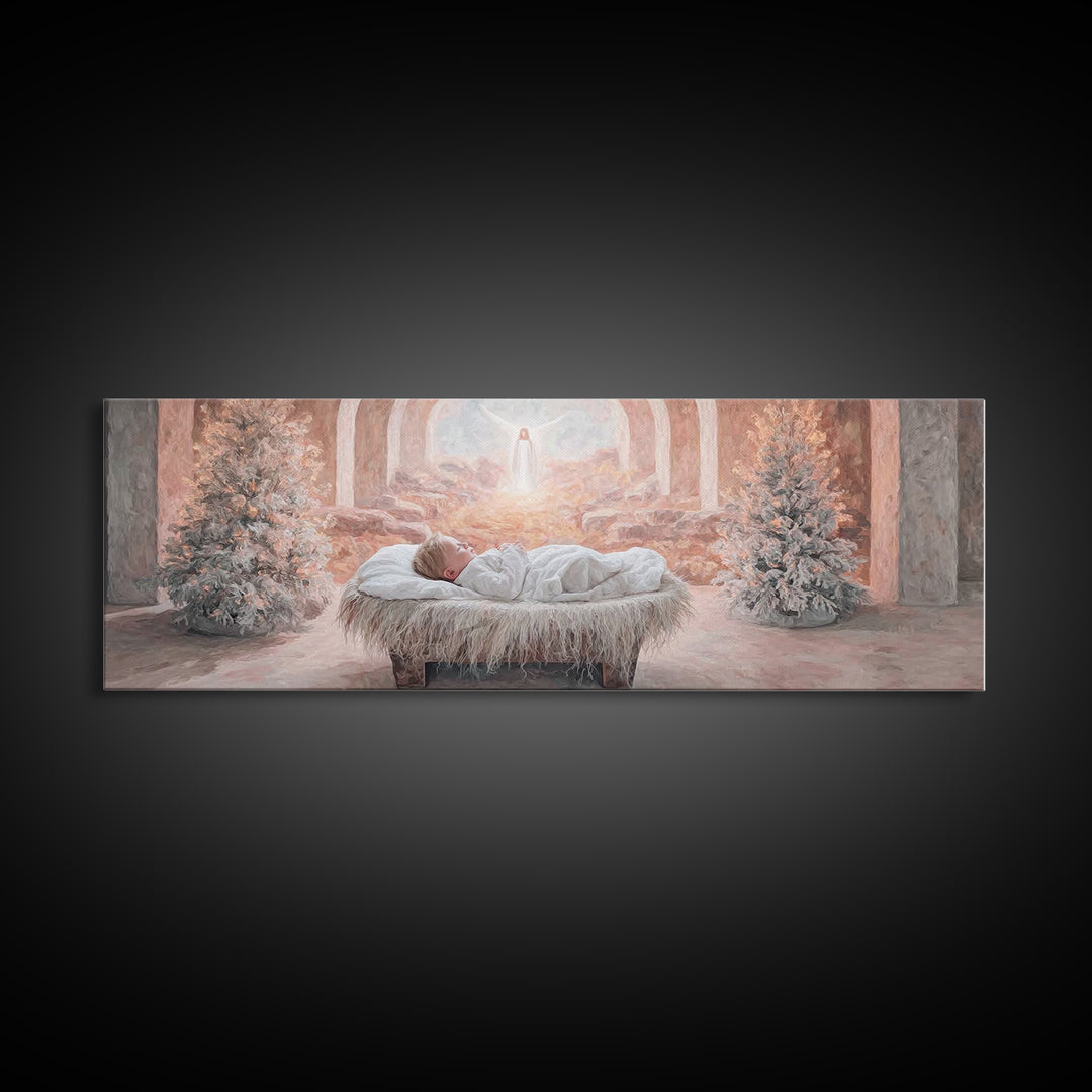 Manger Dawn Peace | Framed Canvas Print | Christian Art Canvas | Panoramic Art | Christian Christmas Art | Jesus Painting | Christian Decor