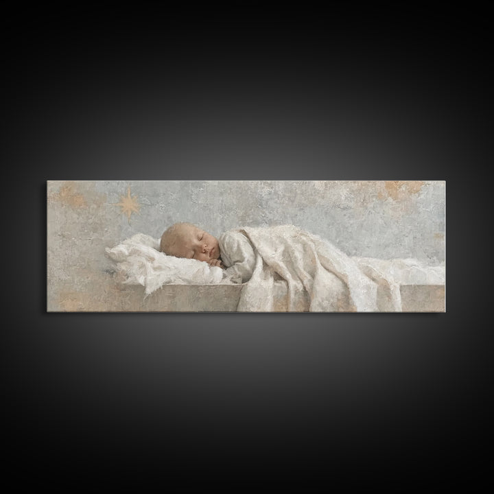 Gentle Holy Night, Framed Canvas Print, Christian Christmas Art, Panoramic Print, Christian Art Canvas, Jesus Painting, Christmas Decor