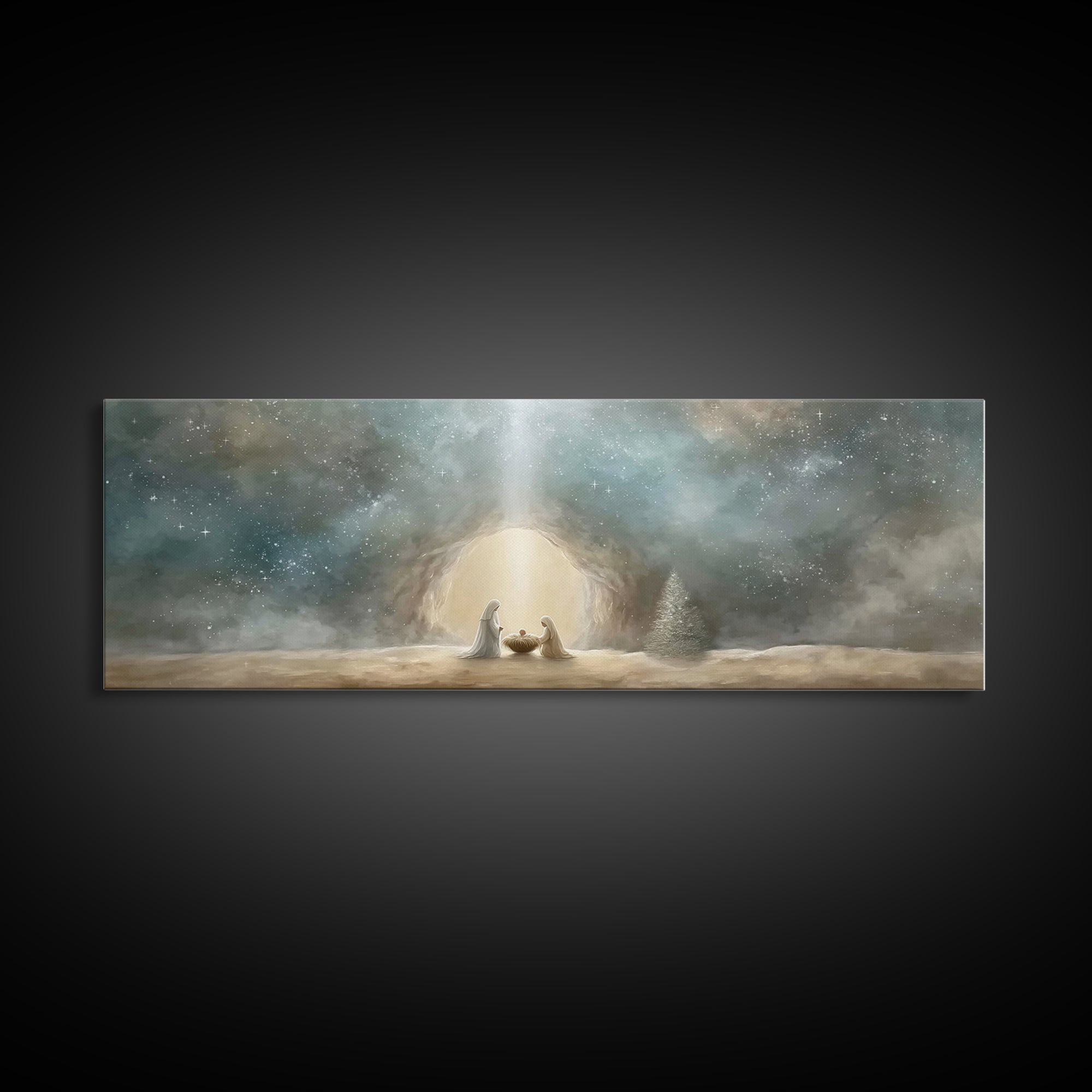 Starlit Holy Night – Framed Canvas Print – Christian Wall Art – Panoramic Art – Christian Art Canvas – Christmas Art – Jesus Christmas Art
