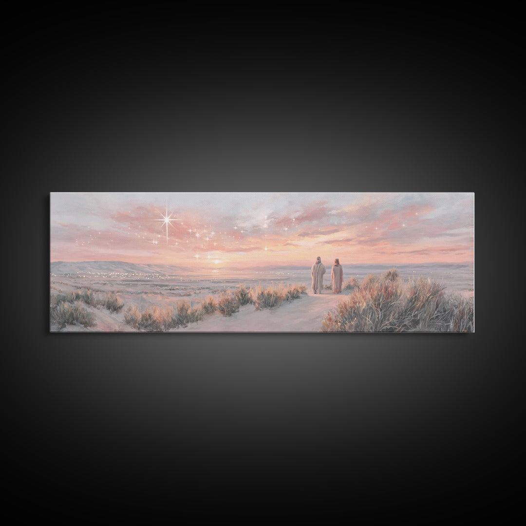 Bethlehem Dawn Glow, Framed Canvas Print, Christian Wall Art, Panoramic Frame, Christian Christmas Art, Jesus Art Print, Christmas Decor