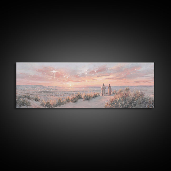 Bethlehem Dawn Glow, Framed Canvas Print, Christian Wall Art, Panoramic Frame, Christian Christmas Art, Jesus Art Print, Christmas Decor