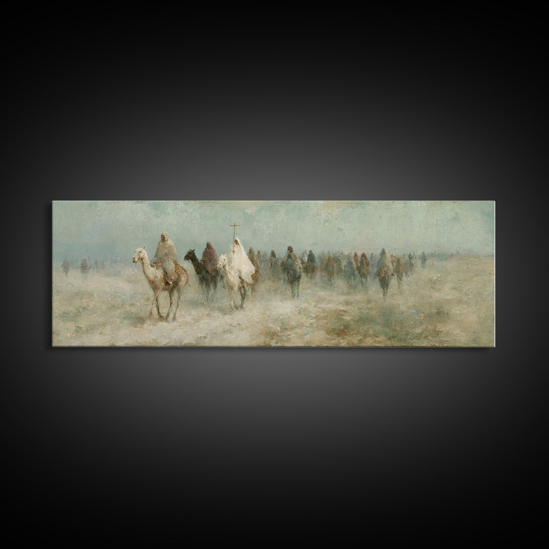 Pilgrims In Haze – Framed Canvas Print – Christian Wall Art – Panoramic Painting – Christian Art Canvas – Christmas Art – Christian Decor