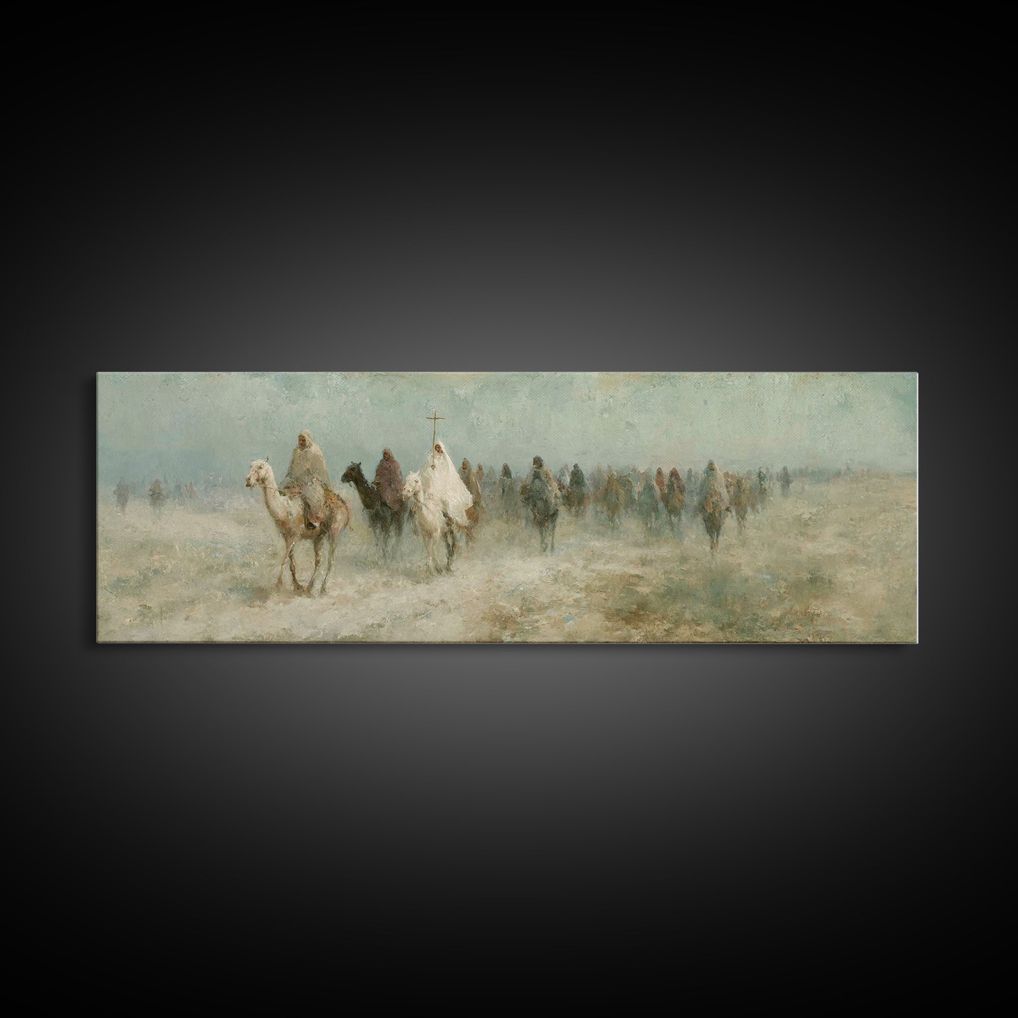 Pilgrims In Haze – Framed Canvas Print – Christian Wall Art – Panoramic Painting – Christian Art Canvas – Christmas Art – Christian Decor