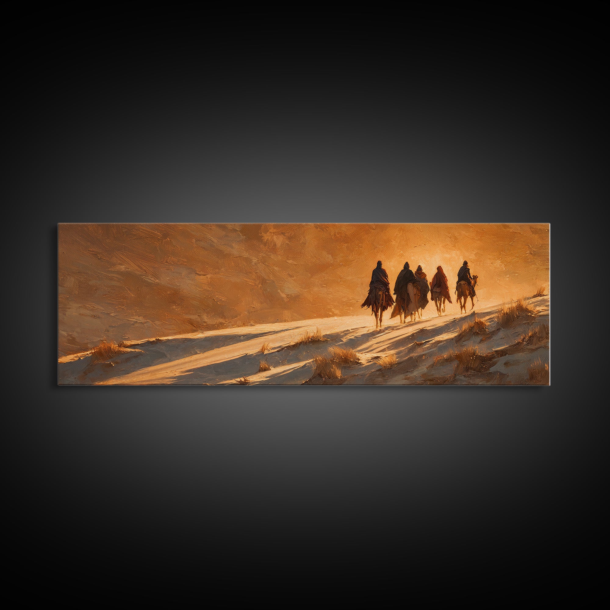 Golden Caravan Light, Framed Canvas Print, Christian Christmas Art, Panoramic Wall Art, Christian Art Canvas, Jesus Painting, Christmas Wal