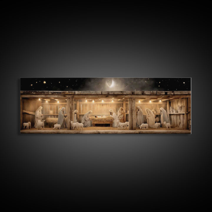 Nativity Serenity – Framed Canvas Print – Christian Wall Art – Christian Art Canvas – Panoramic Frame – Christmas Art – Christian Christmas