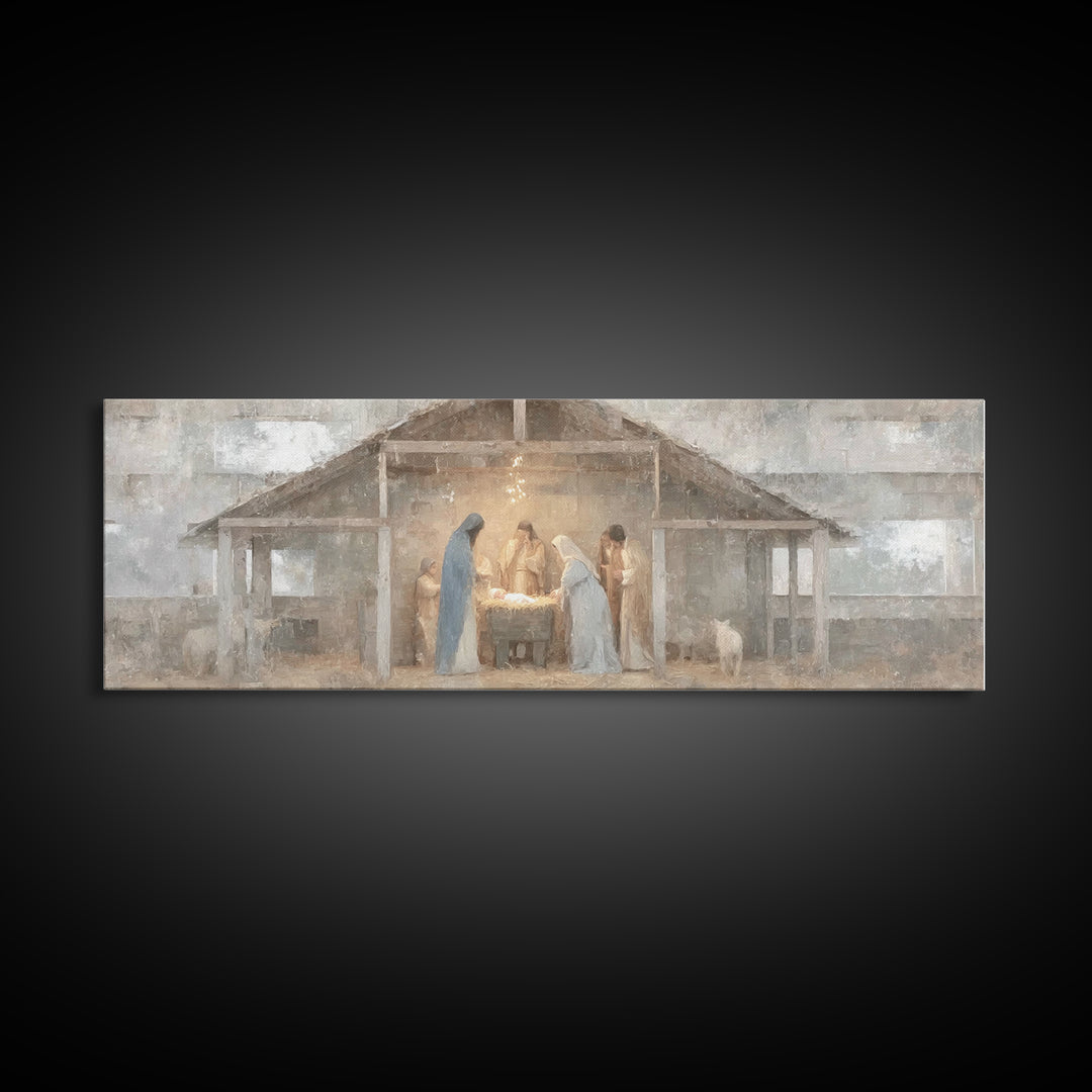 Starry Night Nativity, Framed Canvas Print, Christian Wall Art, Christian Art Canvas, Panoramic Art, Christmas Art, Jesus Christmas Art