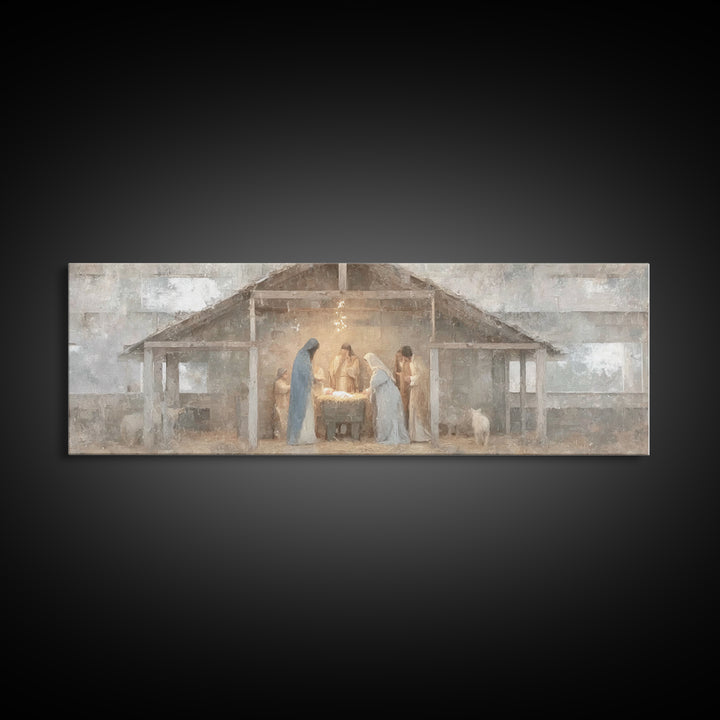 Starry Night Nativity, Framed Canvas Print, Christian Wall Art, Christian Art Canvas, Panoramic Art, Christmas Art, Jesus Christmas Art