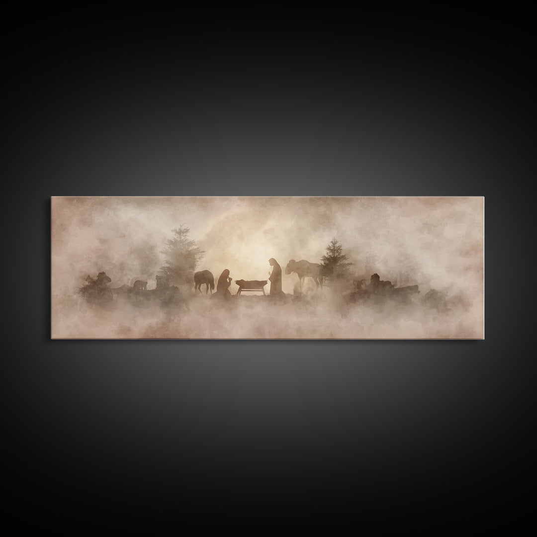 Manger In The Mist, Framed Canvas Print, Panoramic Art, Christian Wall Art, Christian Art Canvas, Christmas Art, Christian Decor, Jesus Pai