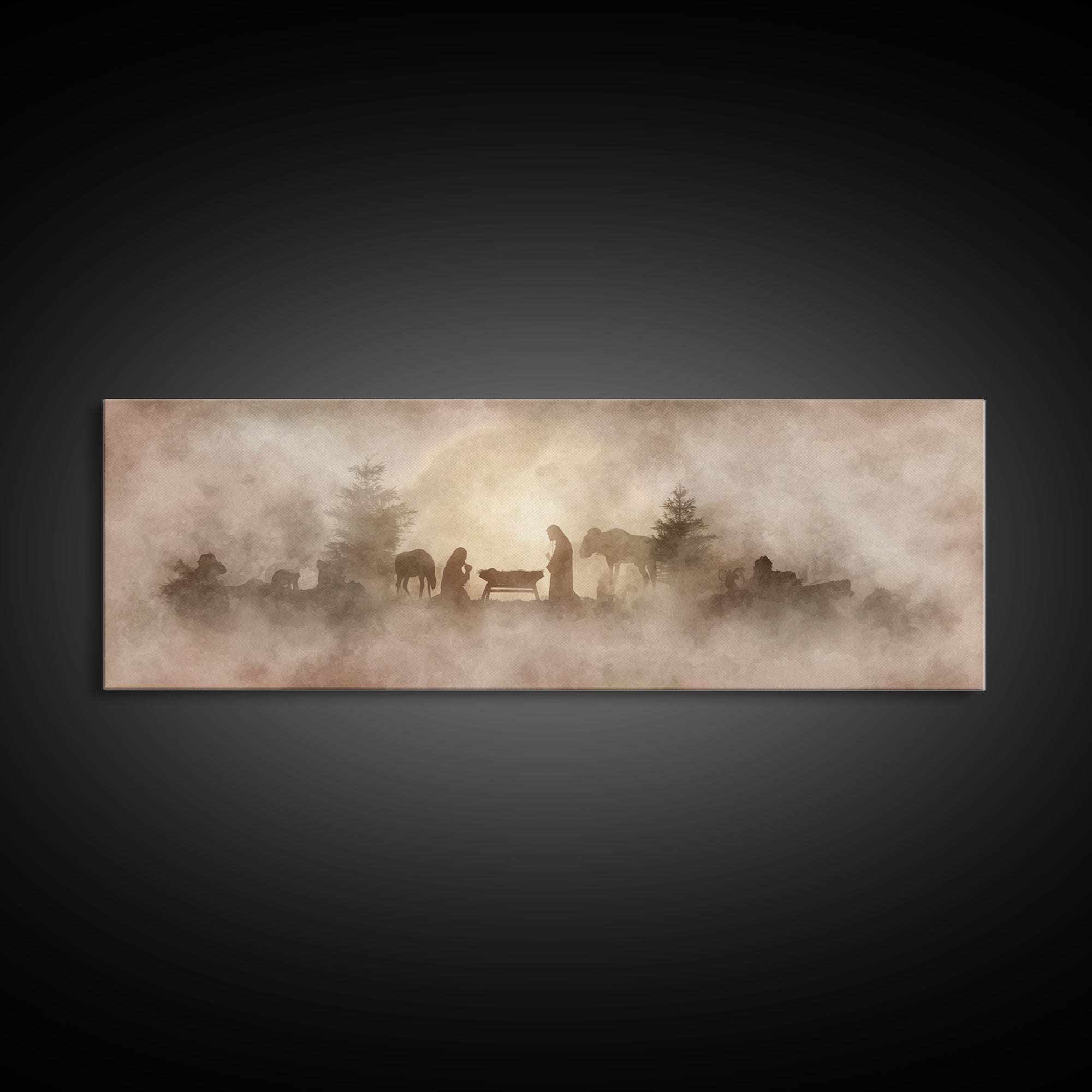 Manger In The Mist, Framed Canvas Print, Panoramic Art, Christian Wall Art, Christian Art Canvas, Christmas Art, Christian Decor, Jesus Pai