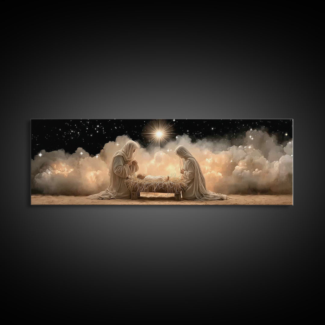Celestial Manger Peace – Framed Canvas Print – Panoramic Art – Christian Wall Art – Christian Art Canvas – Christmas Art – Jesus Painting –
