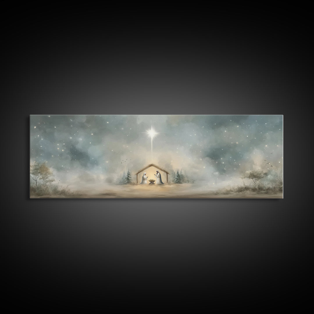 Holy Dawn Light | Framed Canvas Print | Christian Wall Art | Christmas Art | Panoramic Wall Art | Christian Art Canvas | Jesus Painting