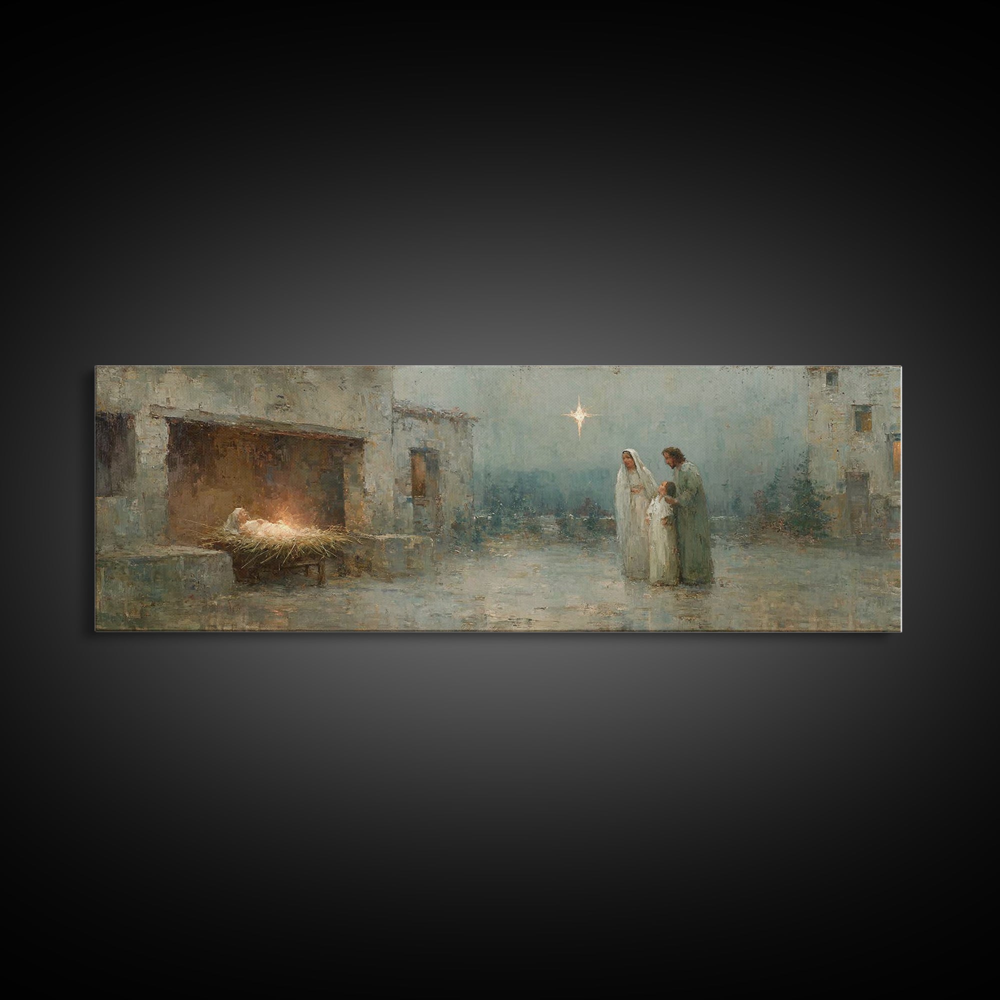 Bethlehem Evening, Framed Canvas Print, Christian Wall Art, Christian Christmas Art, Panoramic Painting, Christian Art Canvas, Jesus Painti