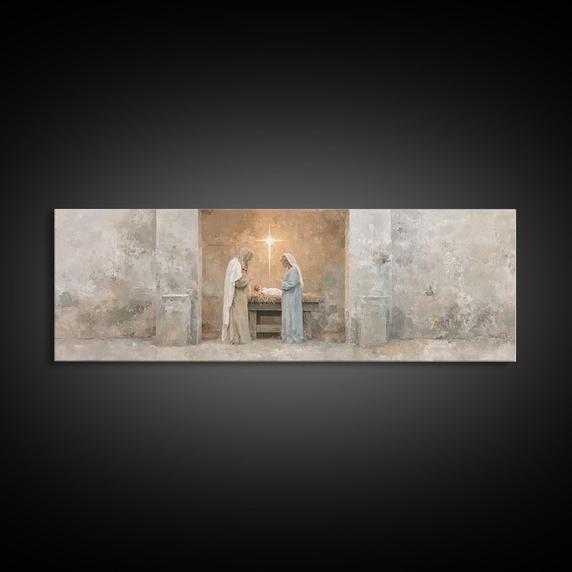 Humble Manger Peace – Framed Canvas Print – Christian Wall Art – Christmas Art – Panoramic Print – Christian Art Canvas – Christian Decor