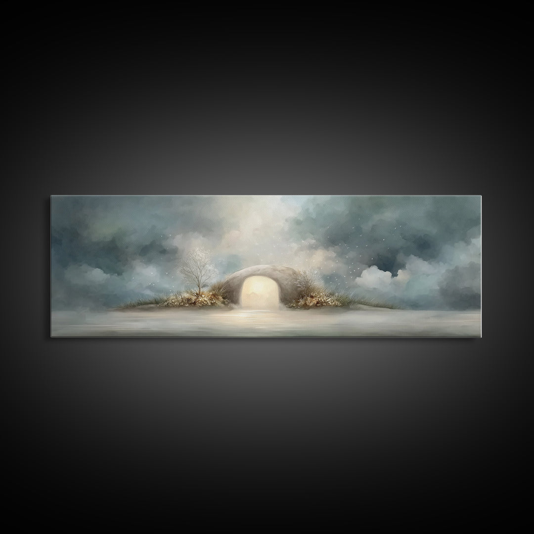 Heavenly Tomb Glow | Framed Canvas Print | Christian Wall Art | Christian Art Canvas | Christian Painting | Panoramic Wall Art | Christmas