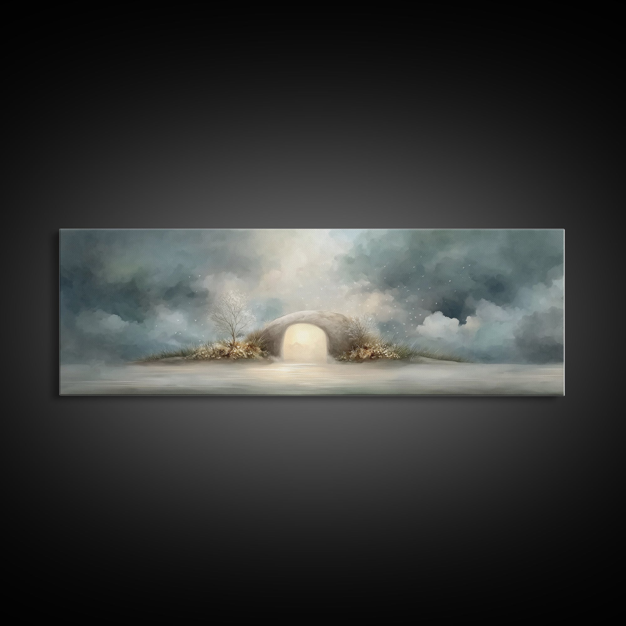 Heavenly Tomb Glow | Framed Canvas Print | Christian Wall Art | Christian Art Canvas | Christian Painting | Panoramic Wall Art | Christmas